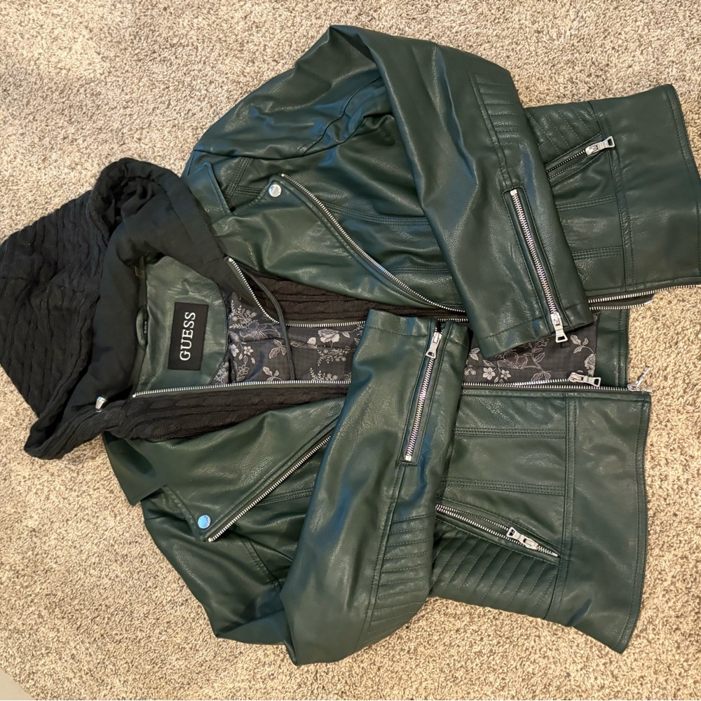 GUESS women’s Dark Green Leather Bomber Jacket with removable hood